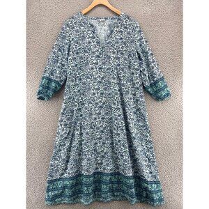J Jill Dress Womens Small Blue Cotton Floral Shift 3/4 Balloon Sleeve Patio Knee